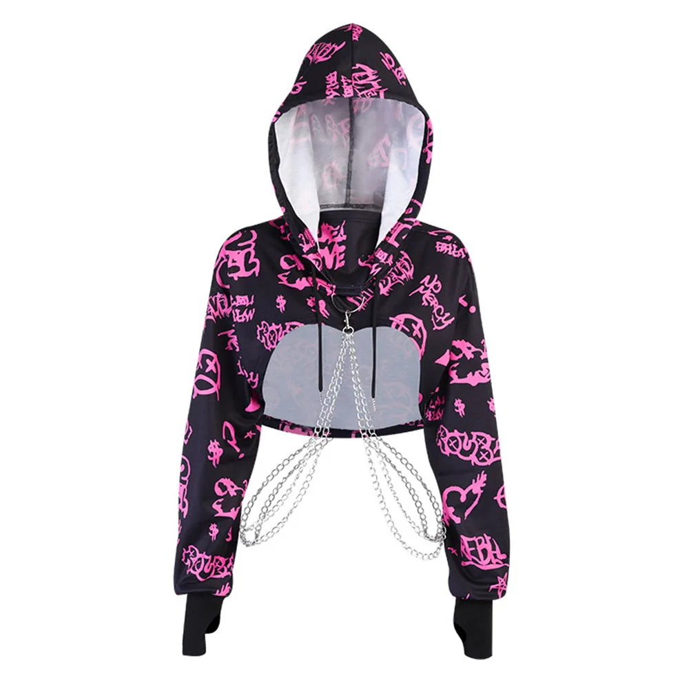 

Women Gothic Sexy Hoodies Loose Hipster Cartoon Printed Chain Navel Hooded Long Sleeve Punk Hoodie Female Sport Style Chic New