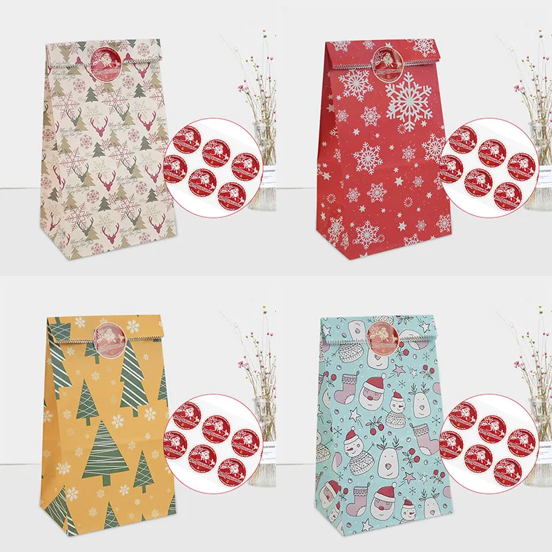 

12pcs/set Christmas Candy Cookies Food Kraft Paper Bag Santa Claus Sticker Christmas Birthday Party Gift Package Bag
