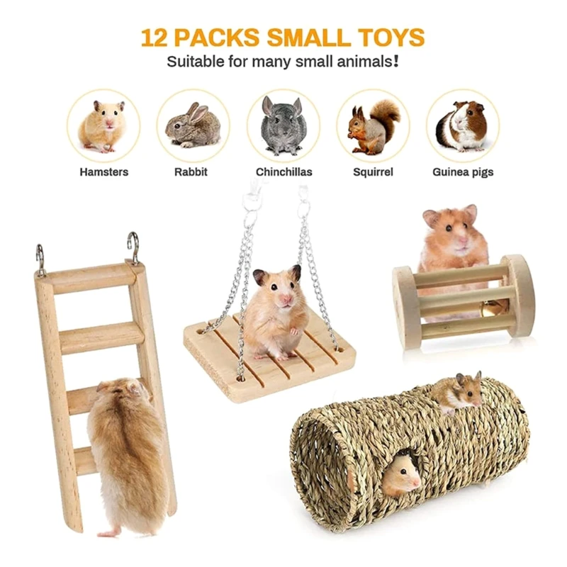 

12 Pack Chew Toys for Small Animal Pets Teeth Clean Wood Roller Swing Twigs Grass Hideout for Rabbits Hamsters Gerbils