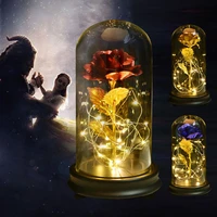 beauty and the beast gold foil galaxy rose flower led light artificial flowers in glass dome mother day valentine gift for girls