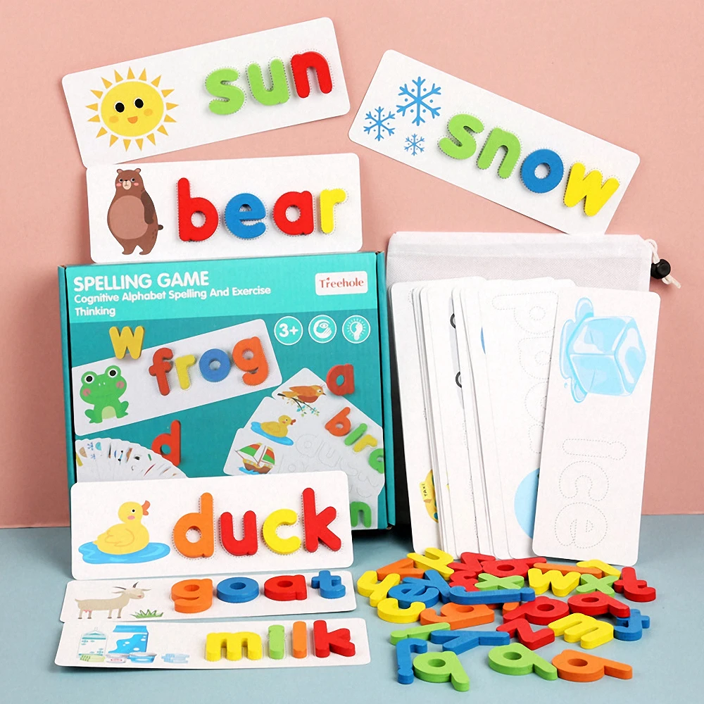Juego de palabras de escritura Montessori para ni&ntilde;os, rompecabezas de alfabeto de madera, divertido rompecabezas cognitivo 3D, juguete educativo de aprendizaje-0