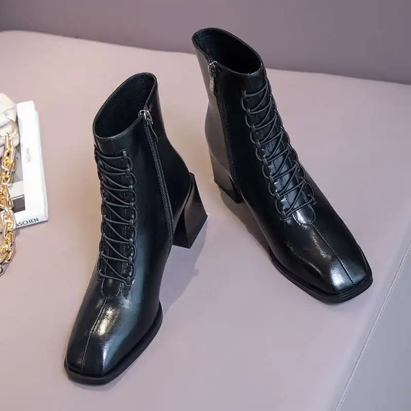 

Vichelo Hot European style split leather square toe high heel short boots winter keep warm mature lady elegant ankle boots L83