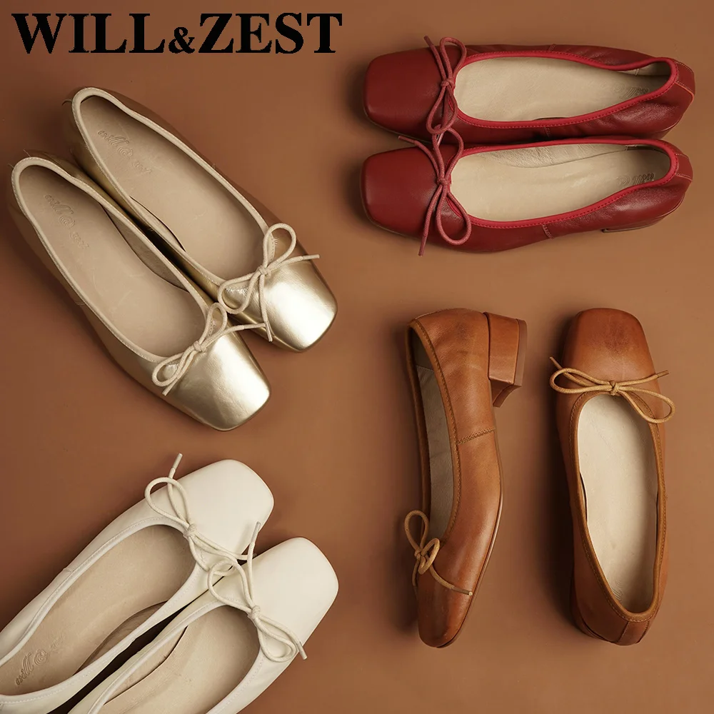Женские балетки на низком каблуке WILL & ZEST туфли лодочки с бантом милые белые