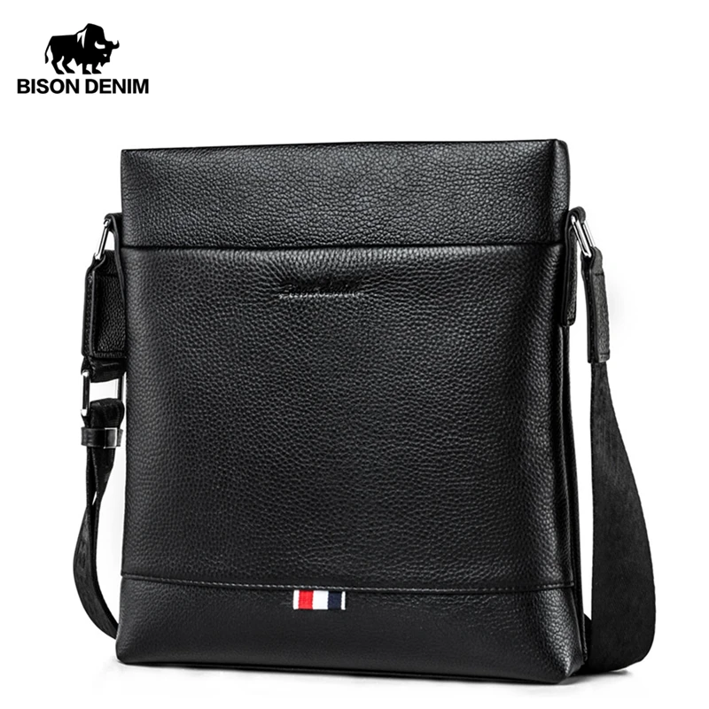 

Bison Denim New Casual Men's Genuine Leather Bag Business Crossbody Bag iPad Mens Messenger Bag Classic Black bolsas male