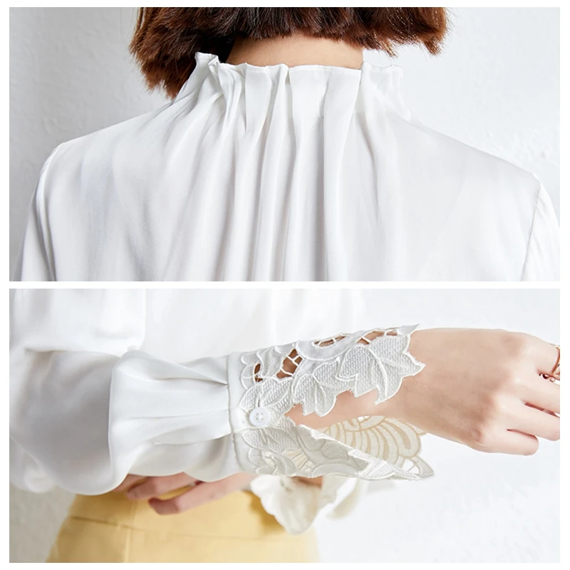 

Fashion white chiffon shirt women lace blouse casual long sleeve stand collar pleated office ladies work shirt all-match tops