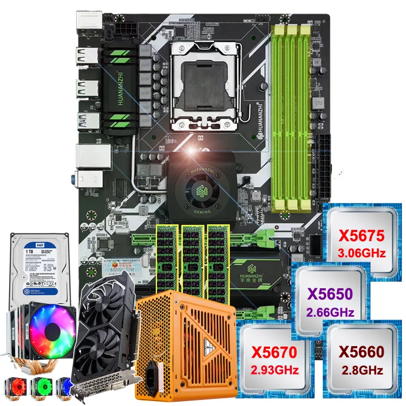 HUANANZHI X58 deluxe Материнская Плата ЦП Xeon X5650 X5680 X5675 кулер ОЗУ 48 ГБ (3*16 Гб) REG ECC видеокарта