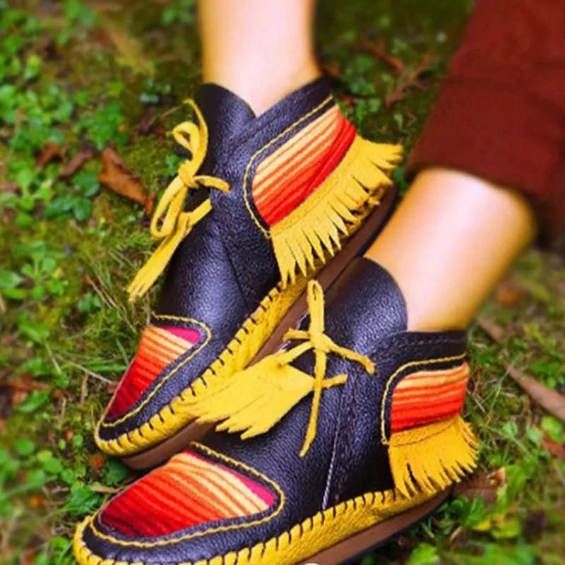 

Women Tassel Stripe Ankle Boots Casual Footwear Ladies Shoe Lace Up Ankle Boots autumn girls Flats Fashion Patchwork shoes