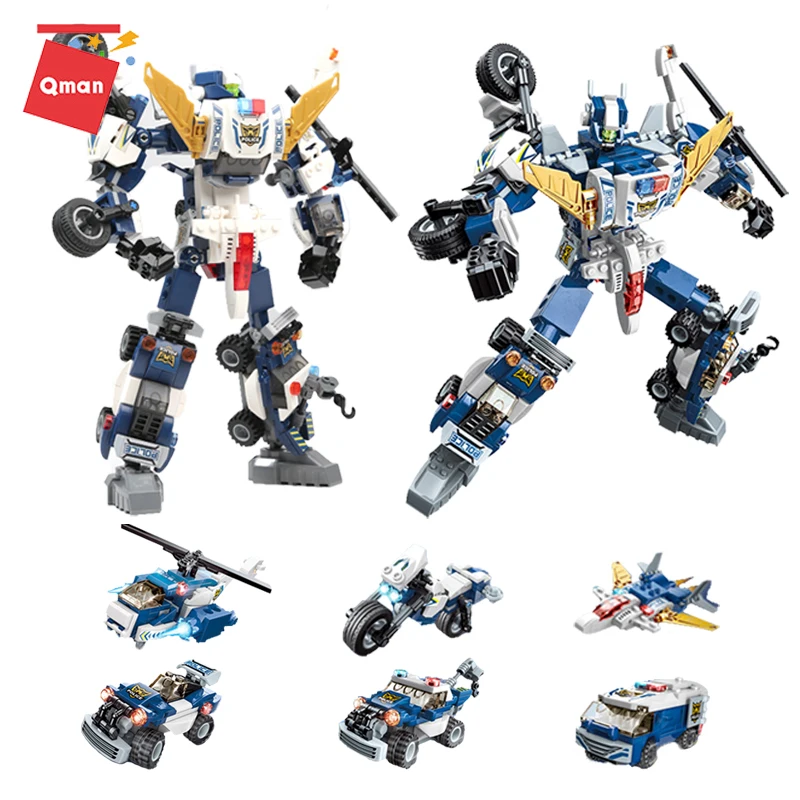 

Qman City Robot Trans-collector 6in1 Building Blocks Police Car Helicopter Truck Motorcycle Model Educational Toys For Boys Gift