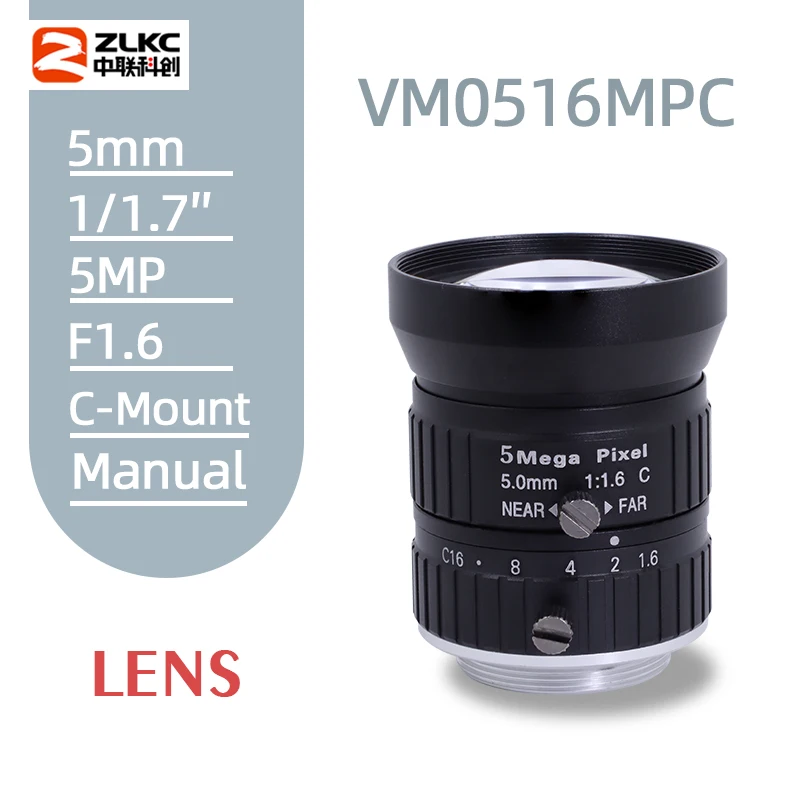 Manual do Zumbido da Íris da Lente Industrial para a Lente Industrial da Distorção da C-montagem da Câmera fa de 5mm da Visão da Máquina de Zlkc Lente Megapixels hd 5