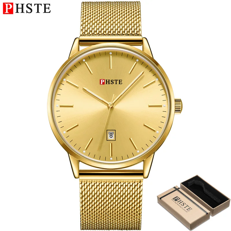 Золотой PHSTE Men Quartz Watch Japan Movt Luminous Date Thin Clock Waterproof Black Steel Mesh Luxury Male Wrist Watch Relogio Masculino - Цвет: Золотой