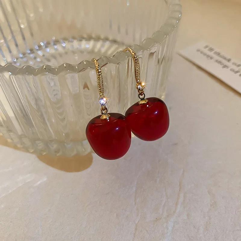 

Minar Trendy Perspective Red Crystal Cherry Pendant Earrings for Women Ladies Metallic Gold Color Dangle Earrings Accessories