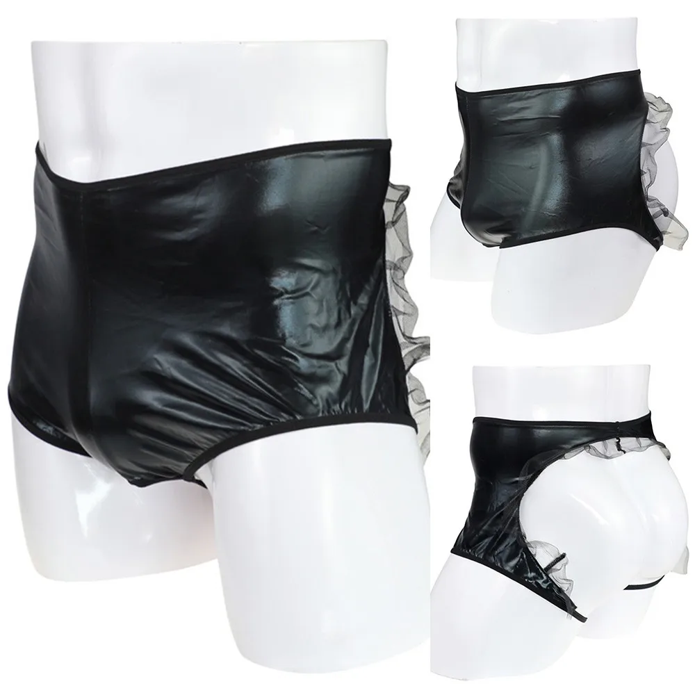 

Buttocks Hollow Men Sexy Faux Leather Boxer Briefs Exposed Hips Fine Mesh Ruffled Underwear Open Butt Panties Erotic Lingerie