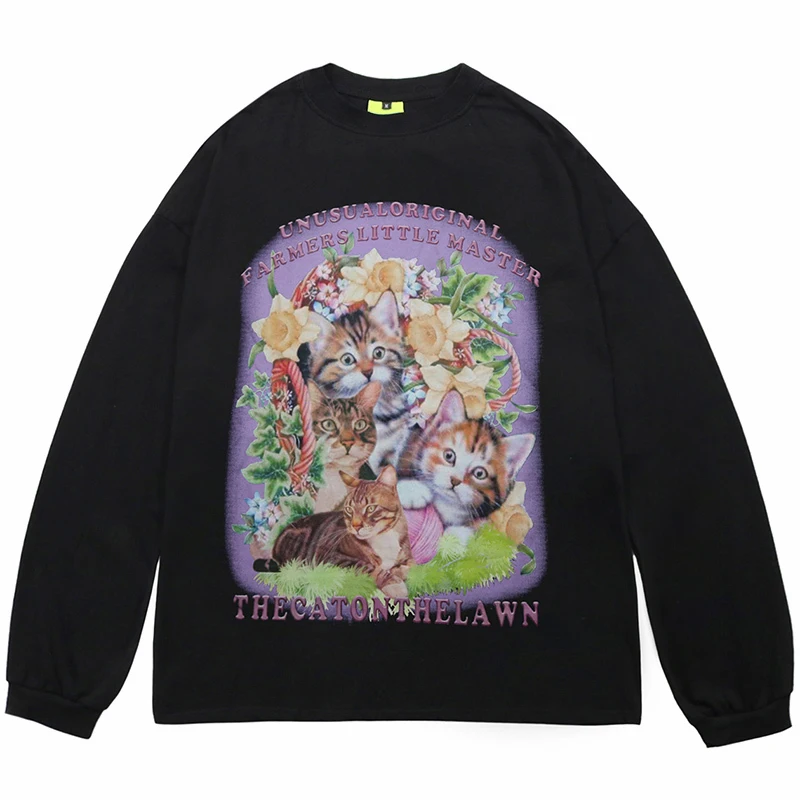

Autumn Men Long Sleeve Tshirts Hip Hop Letter Cat Family Flower Print T-Shirt Streetwear Harajuku Korean Casual Cotton Tops Tees