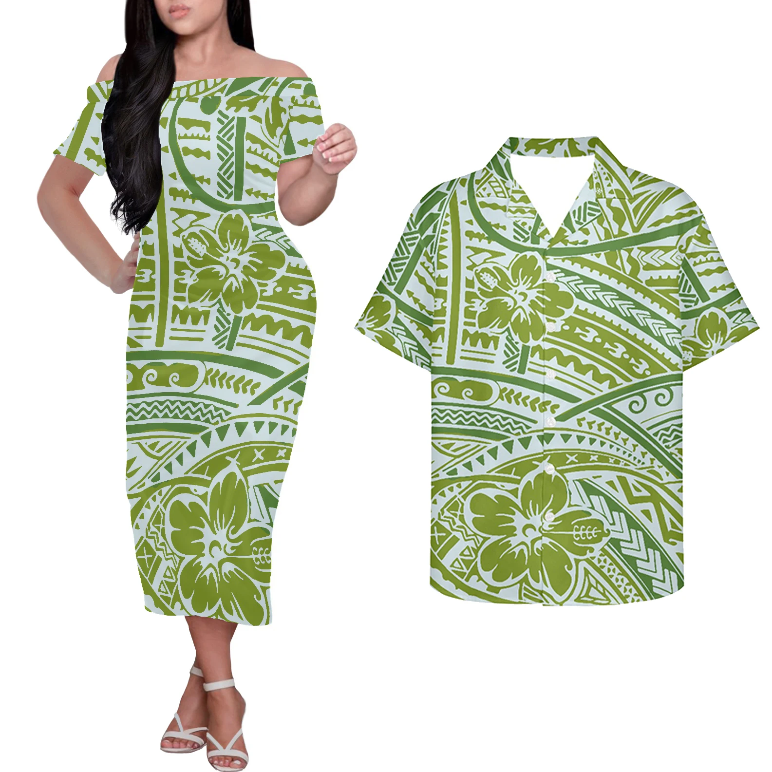 

HYCOOL Polynesian Off Shoulder Green Samoan Dress Summer Couples Matching Clothing Set Elegant Dresses For Women Match 5xl Shirt