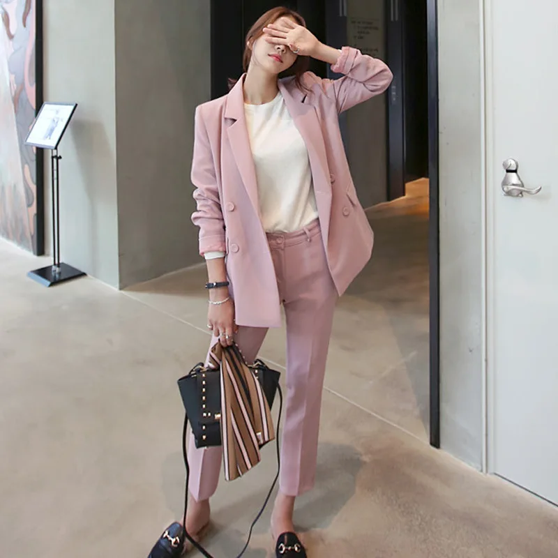 

Two piece set female new style was thin double-breasted temperament pink small suit OL jacket + casual elegant nine pants