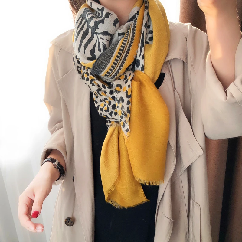 KYQIAO women boho yellow head scarf winter female autumn Spain style long leopard neckerchief |