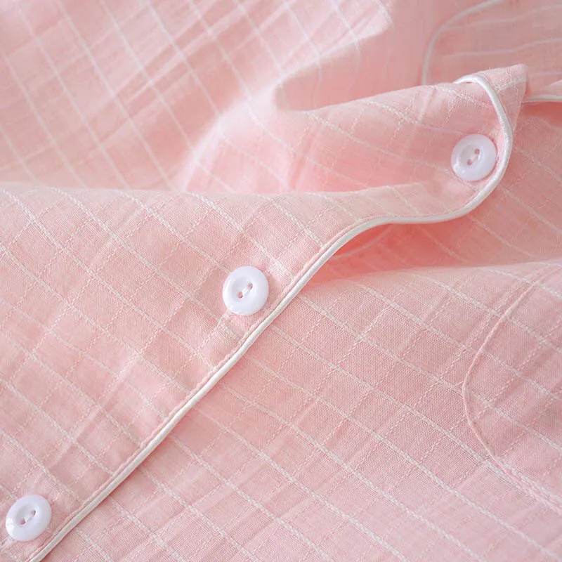 

Couples Sleepwear 2020 Spring And Autumn New Solid Color Plaid Fresh Style Pajama Lovers Comfort Gauze Cotton Loose Homewear Men