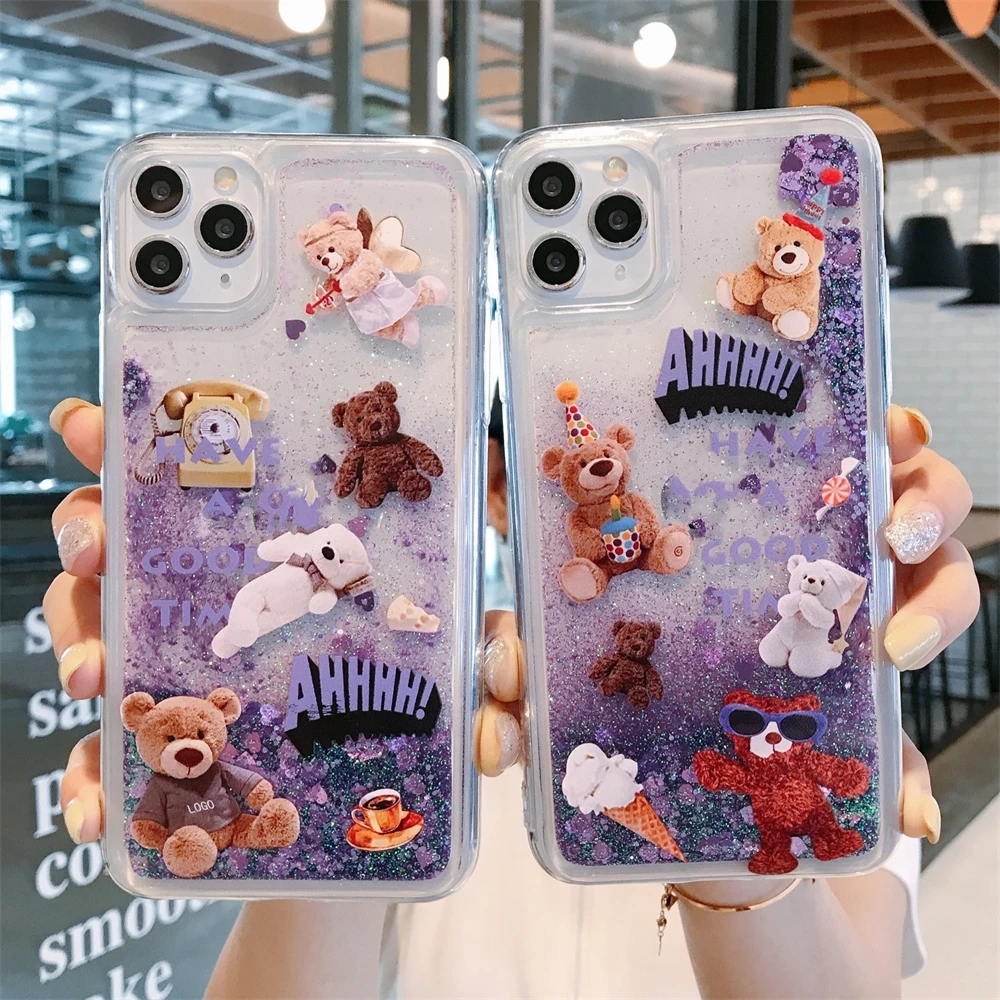 

Quicksand Little Bear Phone Case For iPhone 12Mini 11 Pro Max XS XR Xs Max 8 6 7 Plus Hard Plastic Cover Transparent Coque
