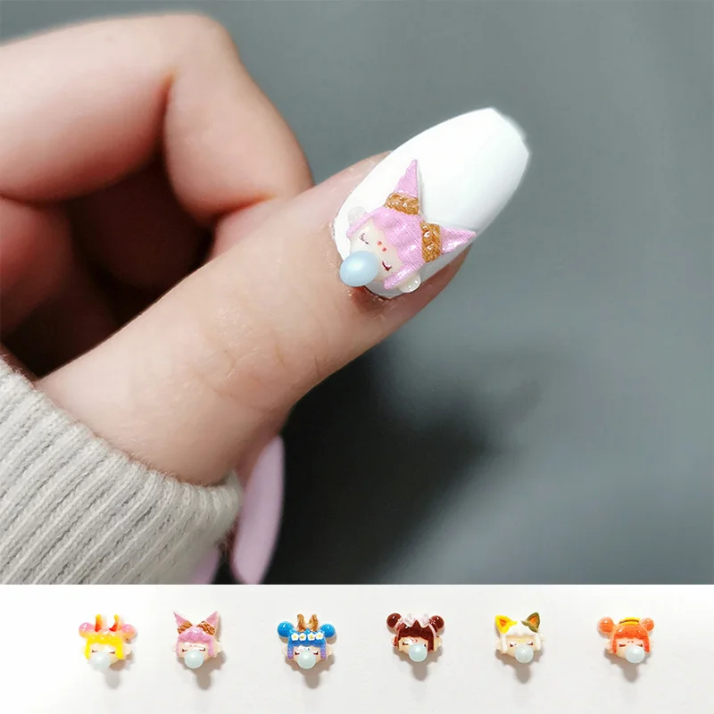 

6Pcs/Lot Blowing Bubbles Girl Shaped Nail Rhinestones Resin Sweet 2021 New Arrival Stones Jewelry For Nail UV Gel Decoration