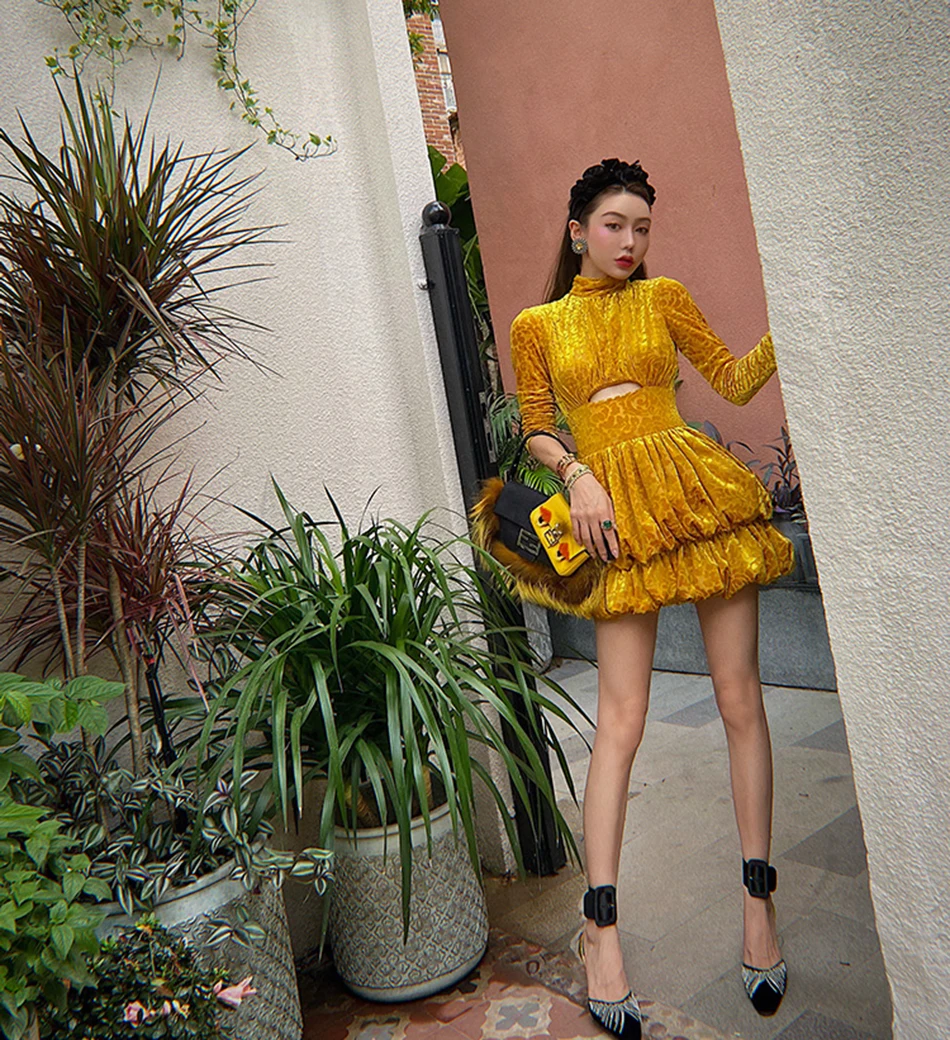 

Ailigou Sexy Bodycon Velvet Mini Dress Golden Ladies Autumn Long Sleeve Hollow High Neck Party Dress Female Velvet Dress Vestido
