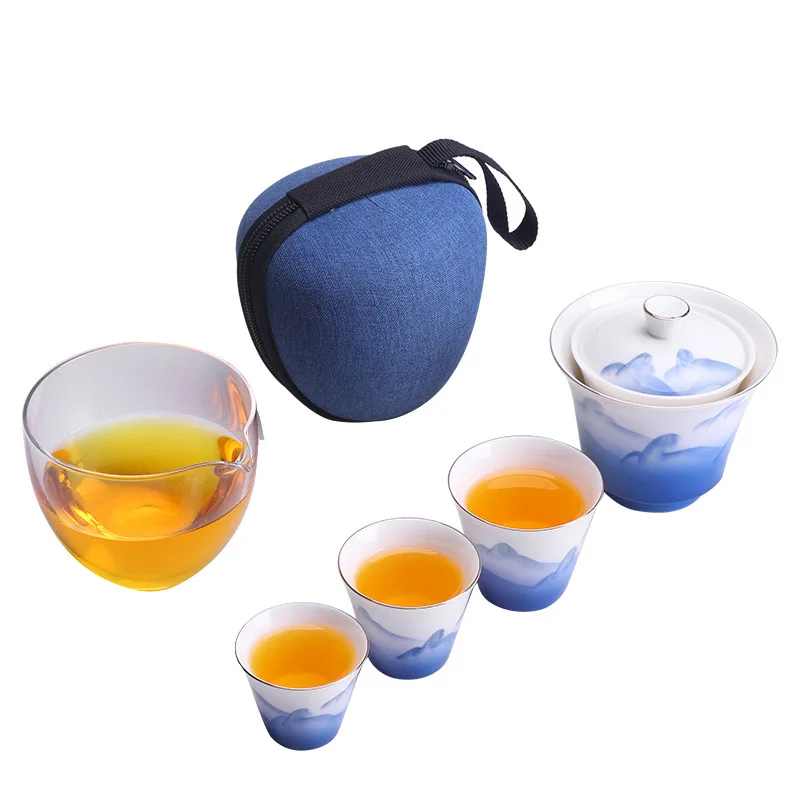 

Китайский дорожный винтажный чайный сервиз, посуда для хранения, портативный белый фарфоровый чайный сервиз, Набор чайной посуды для после...