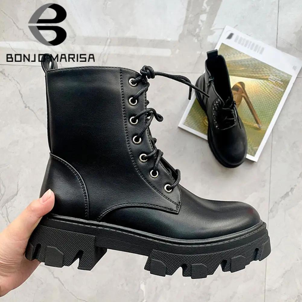 

BONJOMARISA Brand Fashion Platform Chunky Heel Motorcycle Women Boots Lace Up Designer Casual Black Goth Punk Autumn Shoes