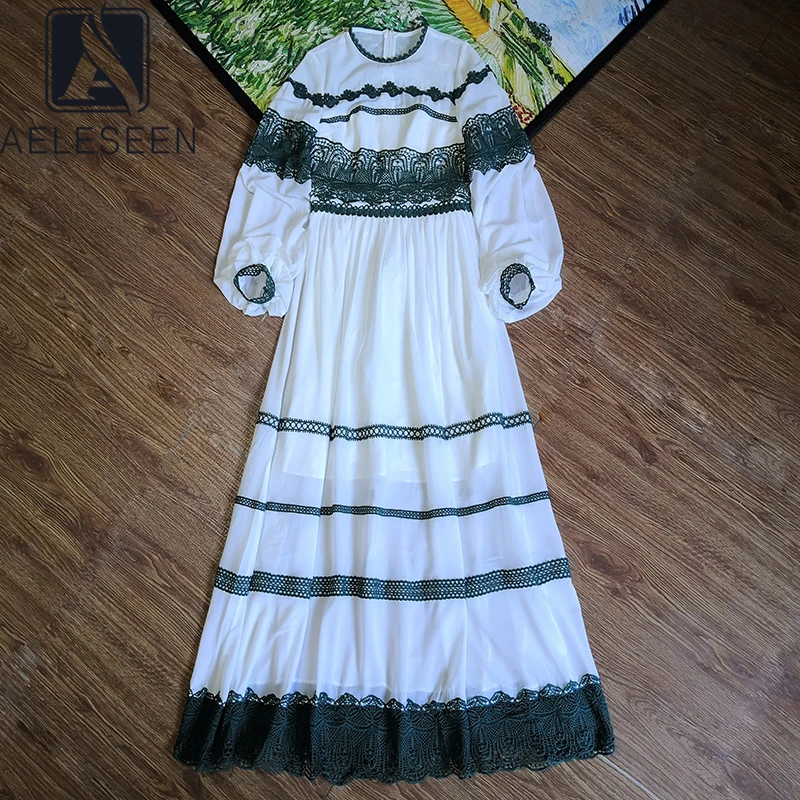 

AELESEEN Runway Fashion Women Dress Long Lantern Sleeve Autumn Dress Green Lace Patchwork Elegant Dress