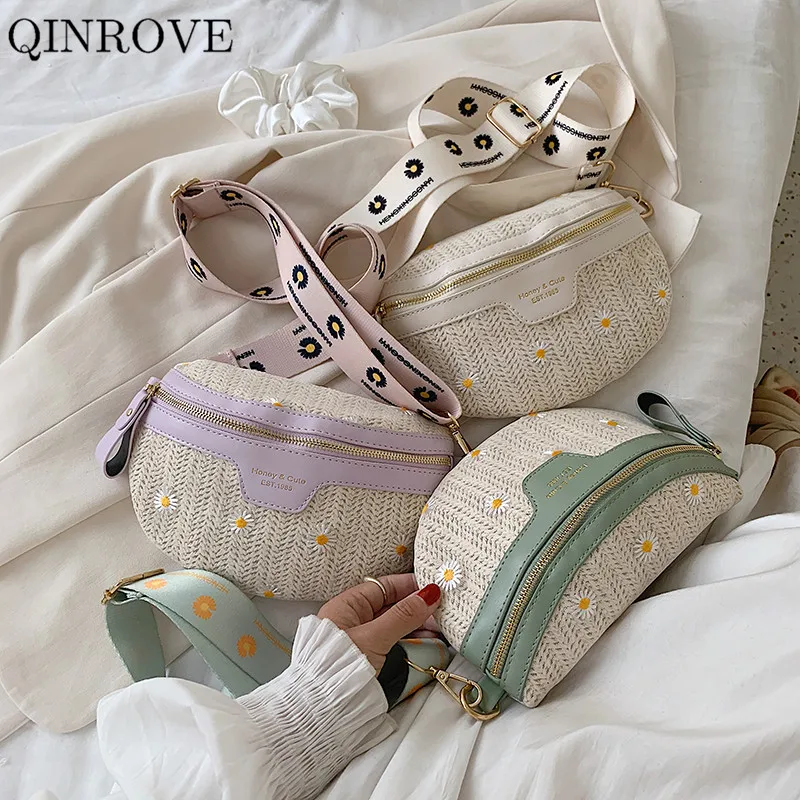 

QINROVE women waist Bags lace surface PU Leather Straw woven bag Summer Female designer bag small crossbody-bag Green Purple