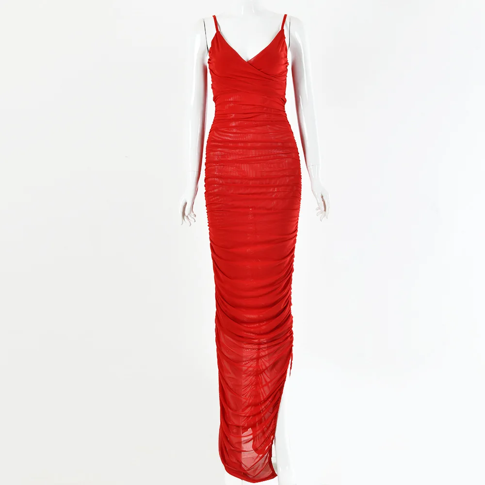 

OMSJ New Maxi Dress Autumn Women Hot Ruched Bodycon Party Dress Sexy Slim Fit Side Split Long Dress Night Clubwear Vestidos 2019
