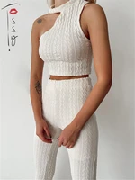 tossy fashion knitted two piece suit 2022 women sets sleeveless tank top and wide leg pants set white female knit tracksuit hot