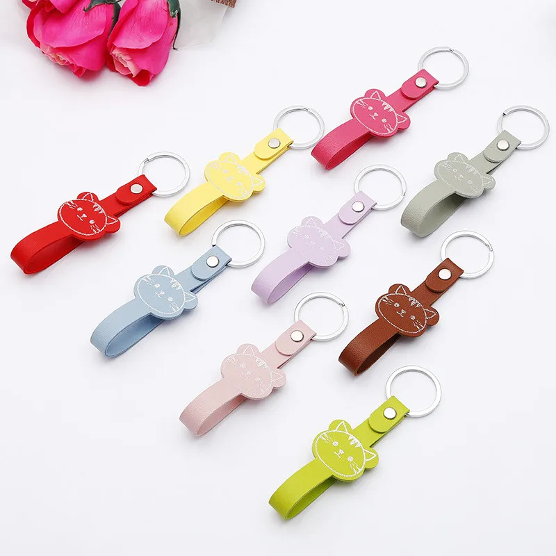 

19*126mm Lovely Cat Face Pattern Keychain Women Hangbags Key Holder Rings Leather Key Chain