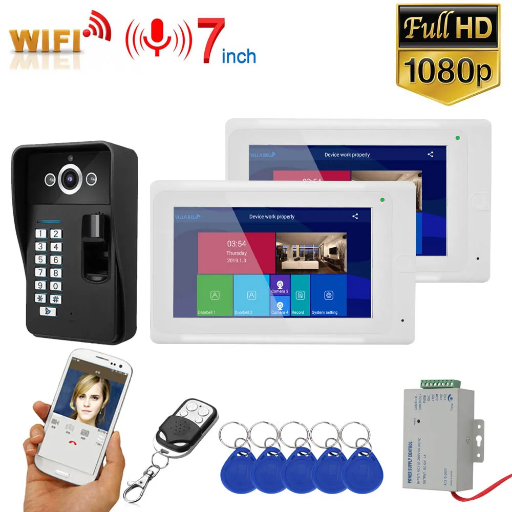

7 inch 2 Monitors Wifi Wireless Fingerprint RFID Video Door Phone Doorbell Intercom System with Wired AHD 1080P Door Access