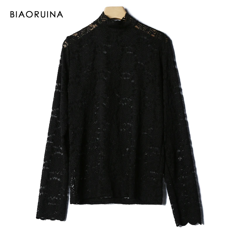 BIAORUINA 3 Colors Women's Solid Sexy Hollow Out Lace Turtleneck Blouse Ladies Elegant All-match Tops One Size | Женская одежда