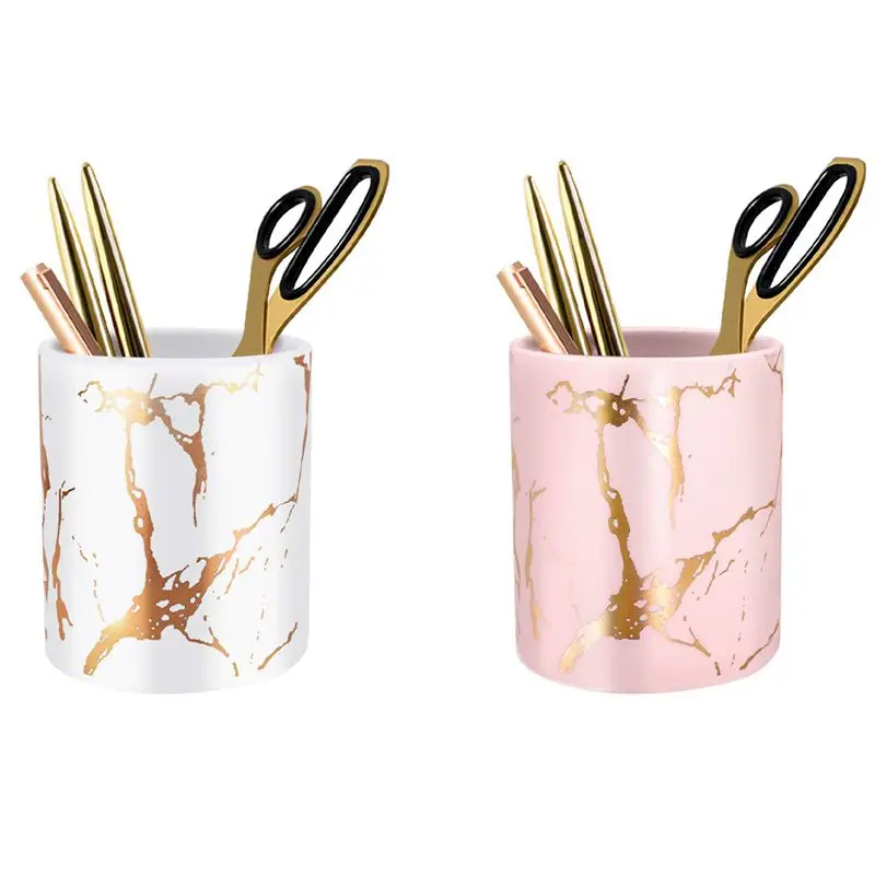 

2 Pcs Pen Holder, Stand for Desk Marble Pattern Pencil Cup,Golden-Pink & White Gold