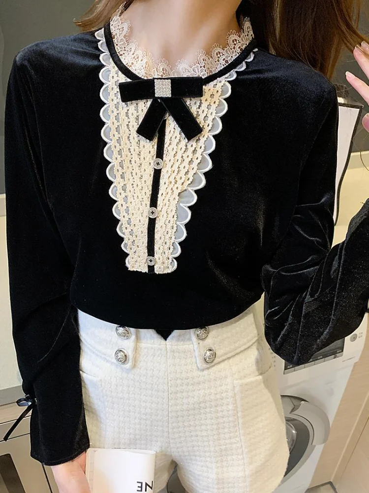 

Women's Blouses Chiffon O-neck Shirt Lace Shirts Slim Splicing Fashion Top Long Sleeve Tops Lady Casual Blouse Buttons Houthion