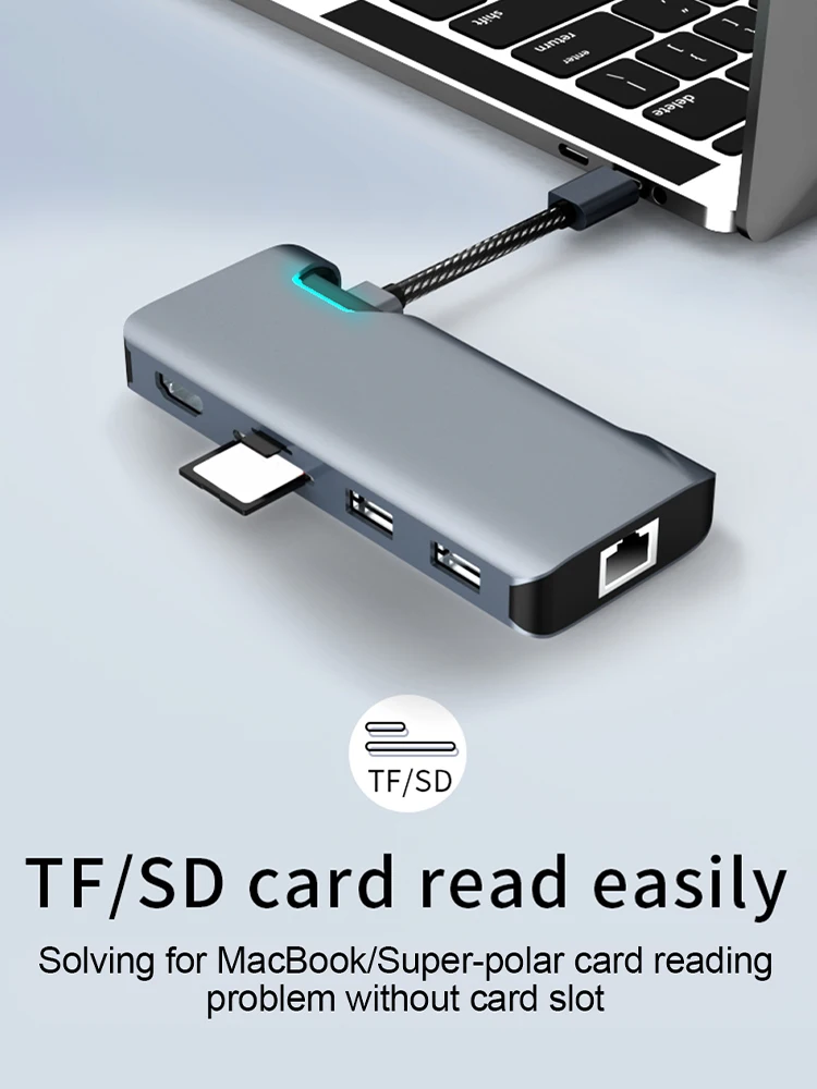 

1907B Type C Hub 4K 1080P HDMI-Compatible RJ45 1000M Network Card USB C Hub Adapter for MacBook Pro Computer/Android Phone