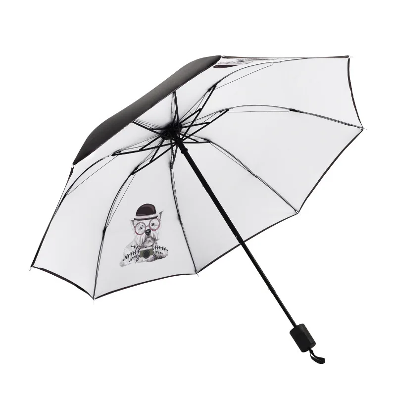 Черный зонт с рисунком кота и клеем женский от солнца УФ-защитой складывается в