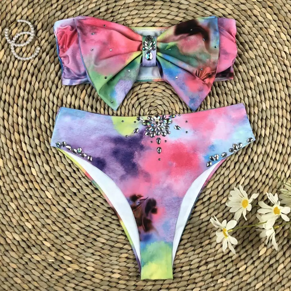 Bow Diamond Bandeau High Waist Bikini Female Swimsuit Women Swimwear Two-pieces Bikini set Bather Bathing Suit Swim Lady