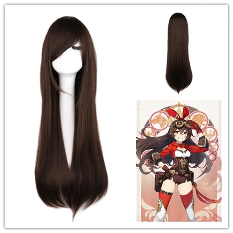 Genshin-Peluca de cabello Natural para cosplay, pelo largo y liso de color marrón oscuro con flequillo, color ámbar, resistente al calor, para uso diario
