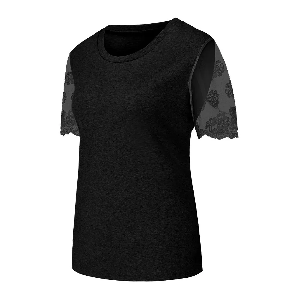 

Women's T-Shirt Summer Casual Solid Color Lace Tops Fashion Female Short Sleeve O-Neck Tshirt Tops poleras mujer#35