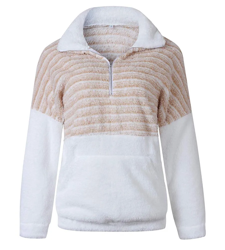 Striped Yelllow Осень зима женские 1/4 на молнии шерпа вязать Мягкий теплый флисовый пуловер цветной блок Пушистый свитер верхняя одежда кенгуру карманы - Цвет: Striped Yelllow