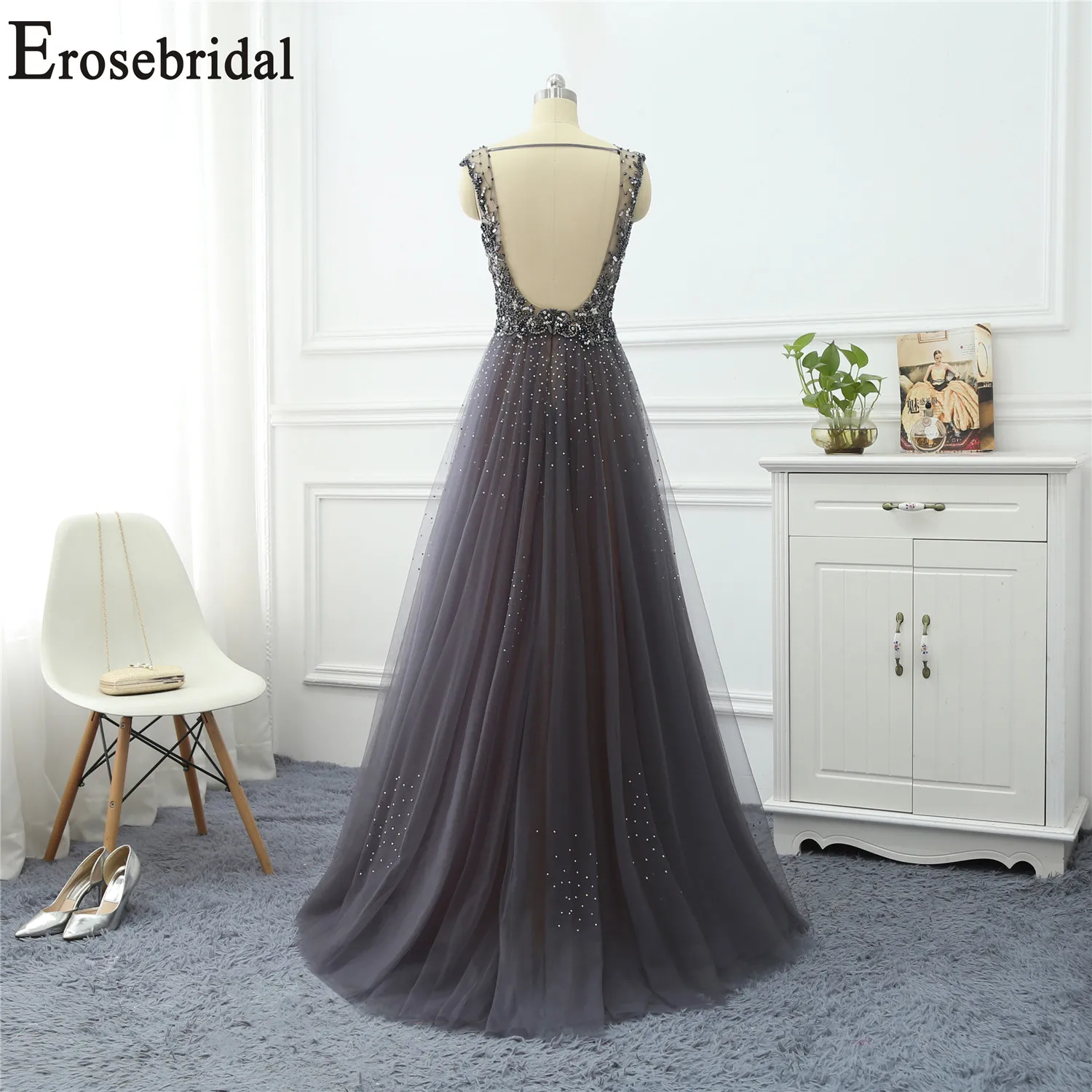 Erosebridal платья с длинным рукавом для особых случаев для женщин вечернее платье Длинные официальные платья вечерние платья тюль ткань с бисером