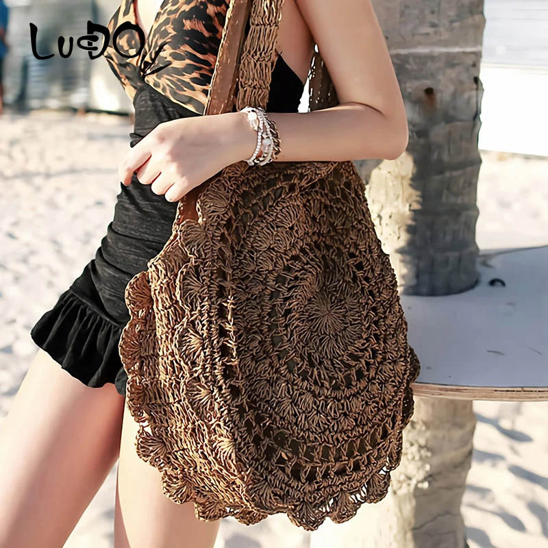 LUCDO Bohemian Straw Bags Circle Beach Bags 2021 Summer Rattan Shoulder Bags Handmade Knitted Travel Totes Bag Ladies Handbags
