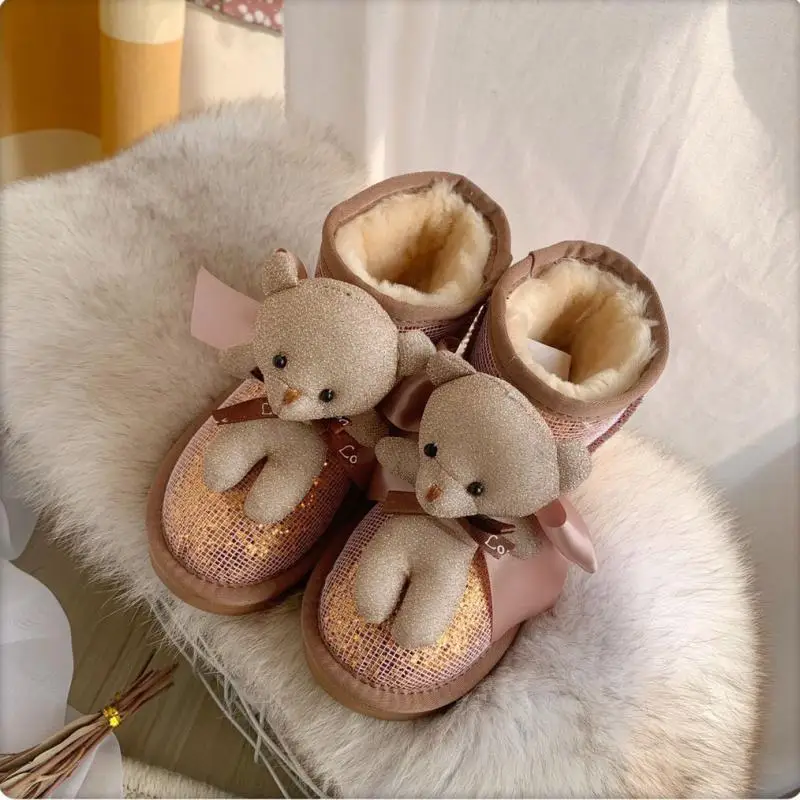 

2020 Children Bear Snow Boots for Girls Boys Winter Kids Leather Shoes with Fur Baby Ankle Platform Booties Waterproof