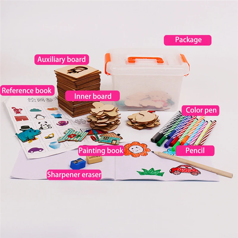 

100Pcs Kids Wooden Drawing Stencils Kit Drawing Board Toys Coloring Puzzle Arts Crafts Set Box Educational Toys for Children