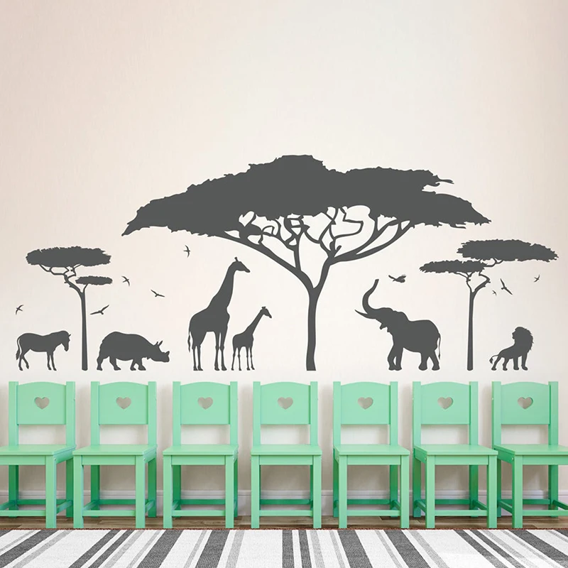 African Safari Vinyl Sticker Zoo Animals Wall Decal, Nature Giraffe Elephant  Lion Tree Wall Art Nursery Decor Room Decor Z391