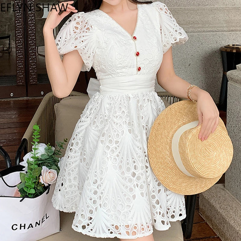 

Thailand Fashion Dress Women Fairy Embroidered Puff Sleeves Party Dress 2021 New Summer White V Neck A Line Birthday Tutu Dress