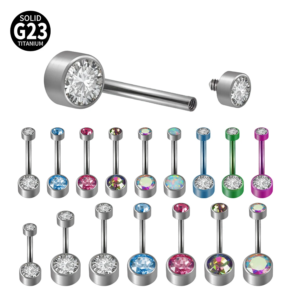 

1PC G23 Solid Titanium Belly Button Rings Internally Threaded Top Double Round Zircon Bezel Set Belly Button Ring Navel Piercing