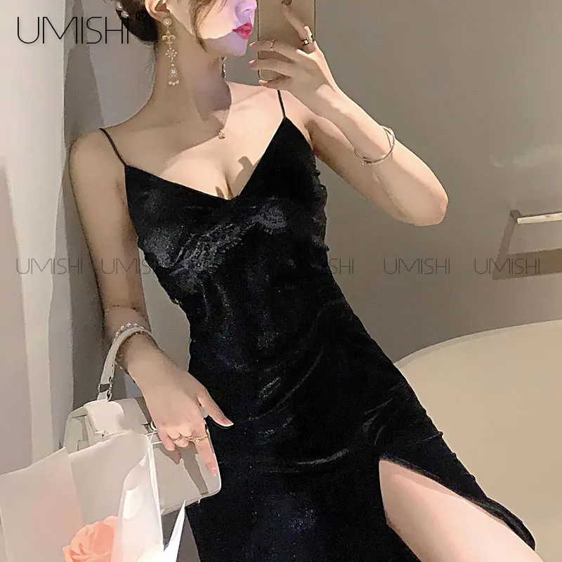 

Black Velvet Lace V-neck Slit Slip Strap Midi Dress Backless Sexy Tight Elegant Evening Shiny Robe Femme Chic Spring Summer 2021