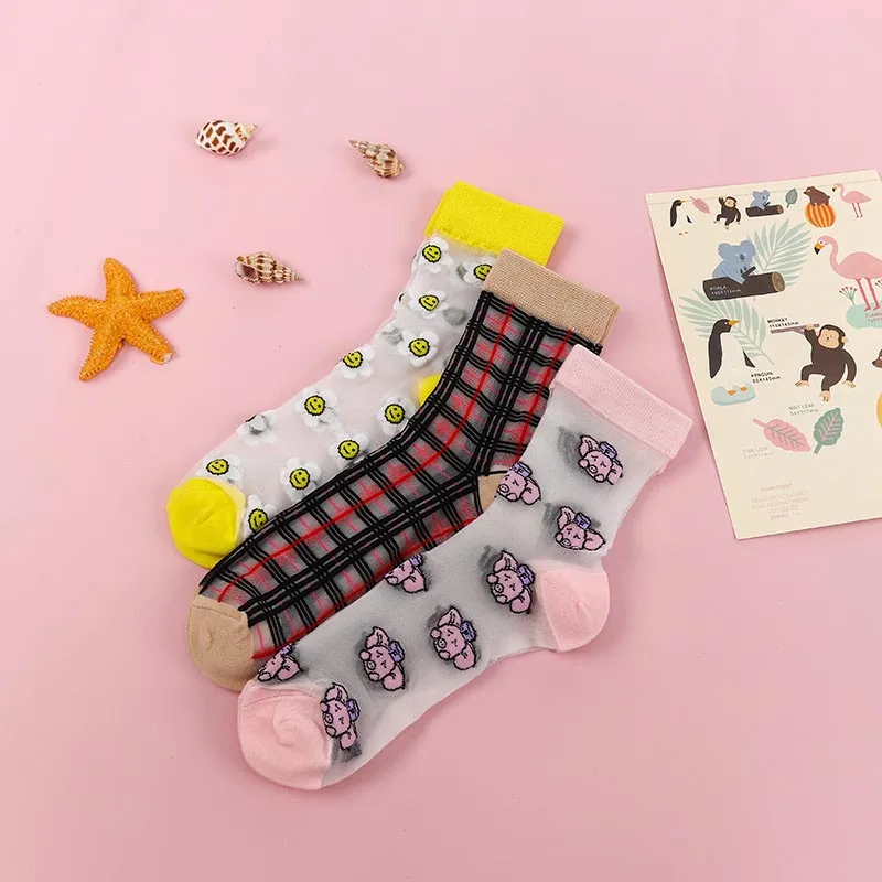 Корейский стиль шелковые прилив Happy забавные Женские носочки милые тонкие